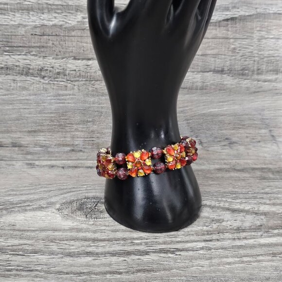 🏆Vintage Retro Gold Tone Faceted Beaded Crystal Bloom Link Stretch Bracelet - Picture 2 of 7